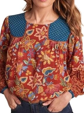 Matilda Jane Rust Floral Peasant Blouse Patchwork Boho Festival Fall Long Sleeve